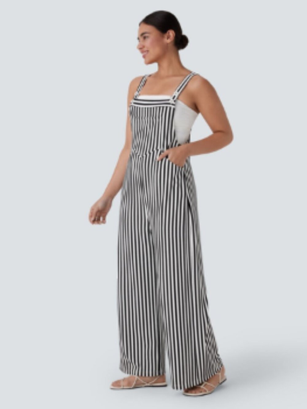 HALARA Black & White Stripe Pockets Waffle Knit Wide-Leg Overalls
